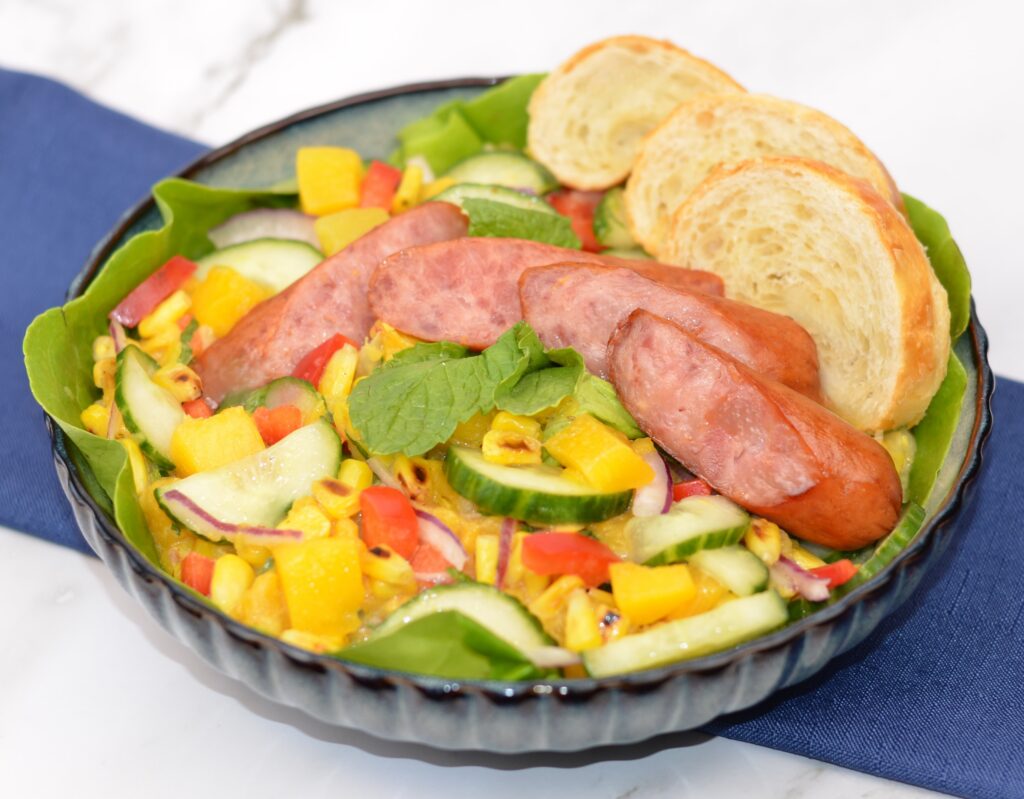 Peach Corn & Cuc Salad with Sausage