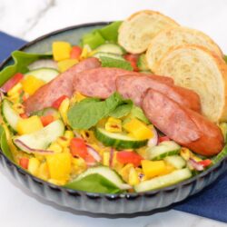 Peach Corn & Cuc Salad with Sausage