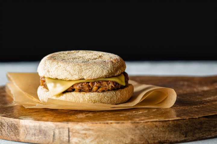 one breakfast sandwich with background